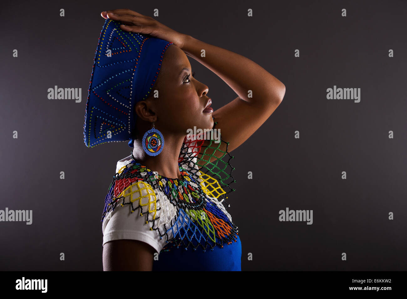 side view of thoughtful south African woman in traditional clothes Stock Photo