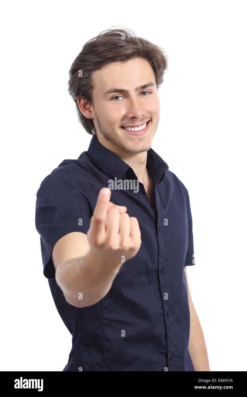 Handsome happy man beckoning inviting to come here isolated on a white background Stock Photo