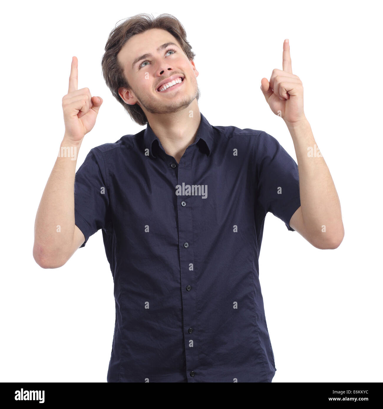 Happy promoter man presenting an advice pointing up isolated on a white background Stock Photo