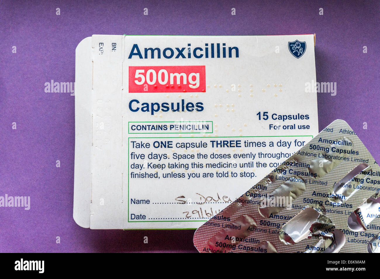Amoxicillin - antibiotics prescription for oral use - box and capsules. Stock Photo