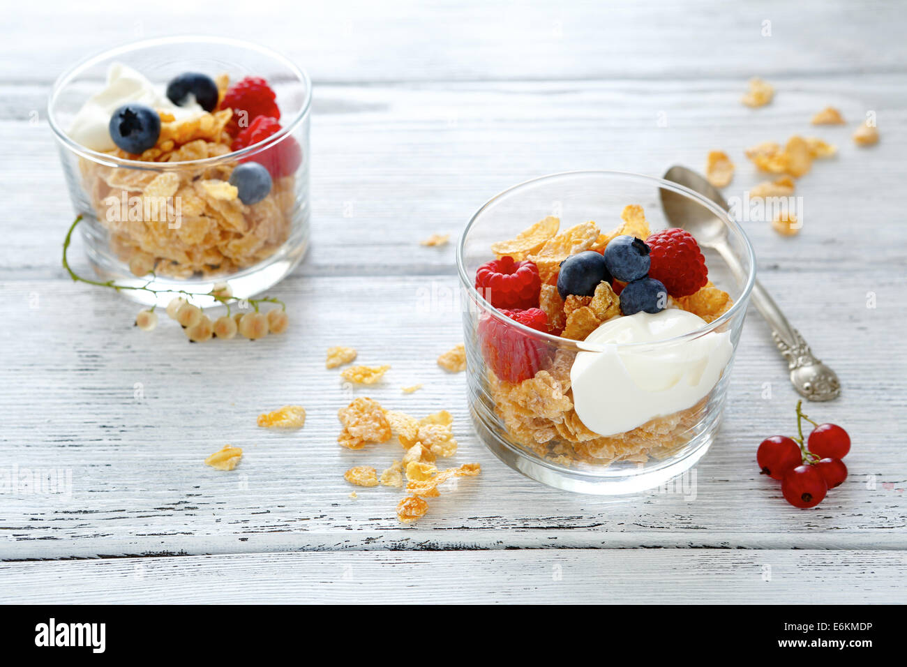 two glasses of cereal and yogurt, food closeup Stock Photo