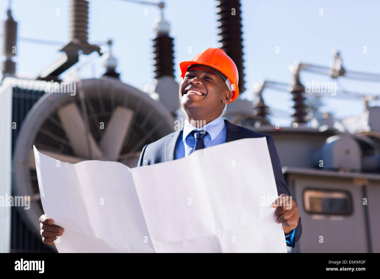 African American industrial manager in electric substation Stock Photo