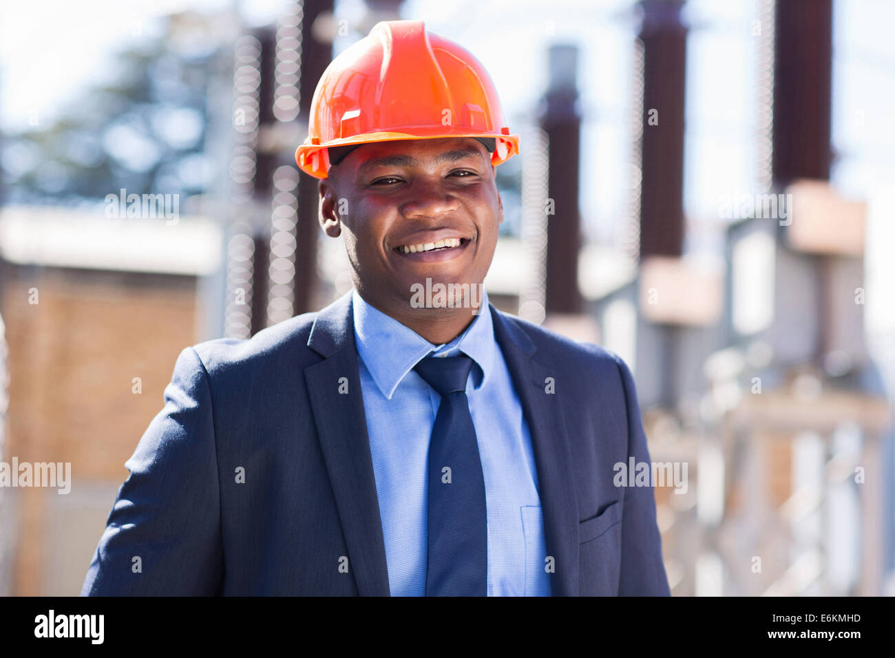 portrait of African industrial businessman in electrical substation Stock Photo