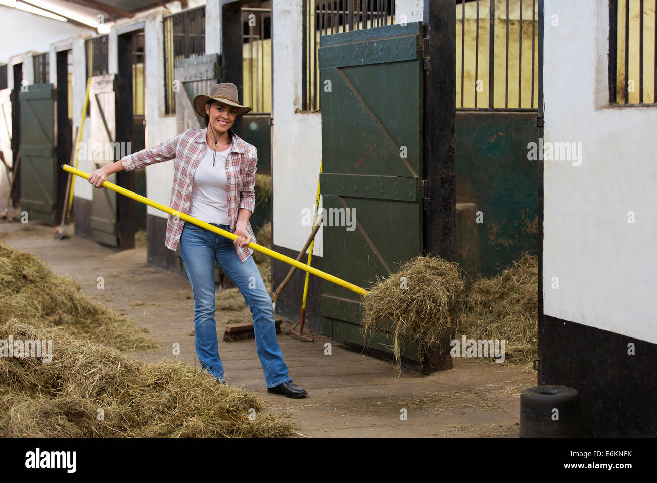 young female horse breeder working inside stable Stock Photo