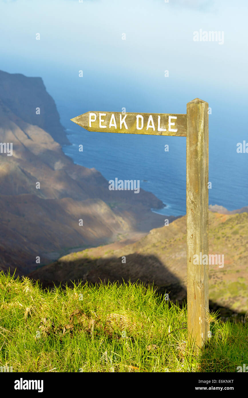 St Helena South Atlantic views over sandy bay and sign to peak dale Stock Photo