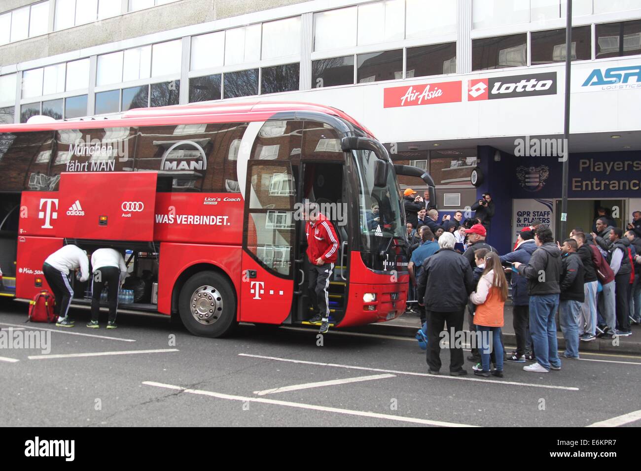 Bayern Munich arrive at Lotus Road, home of Queens Park Rangers, for a training session prior to their UEFA Champions League match with Arsenal FC  Featuring: Atmosphere Where: London, United Kingdom When: 19 Feb 2014 Stock Photo
