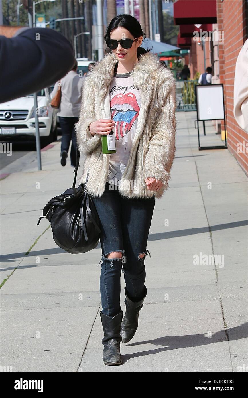 Krysten Ritter, wearing The Rolling Stones T-shirt , walks in Beverly