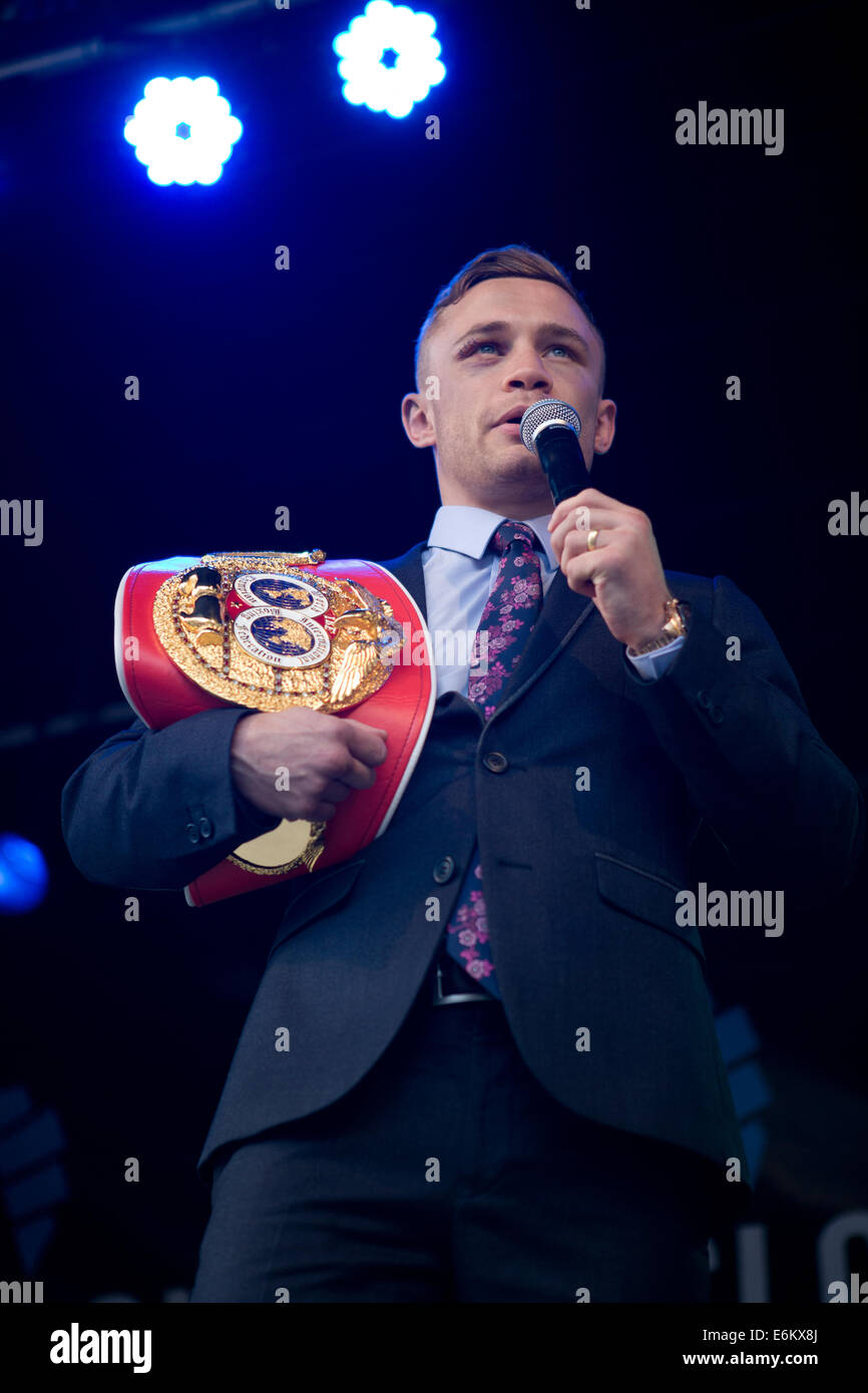 Belfast, Ireland. 9th Sept, 2014 Boxer Carl Frampton with his IBF world super-bantam weight belt which he won on Saturday 6th September 2014 afetr defeating Kiko Martinez Credit:  Bonzo/Alamy Live News Stock Photo