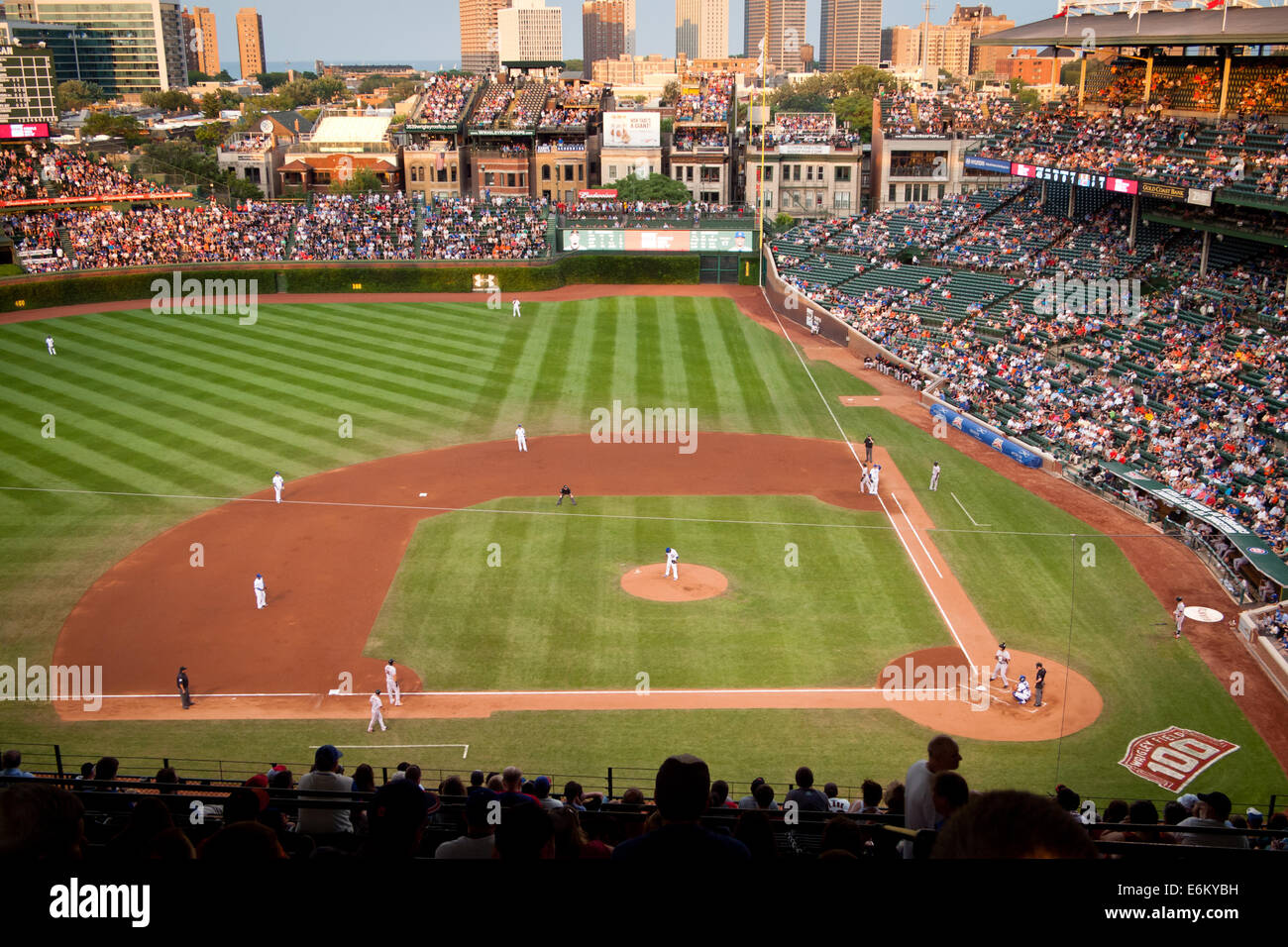 A view of Wrigley Field during a night game between the San Francisco Giants and Chicago Cubs on August 20, 2014. Stock Photo