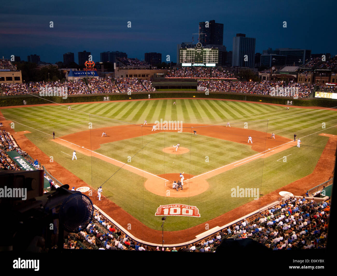 A view of Wrigley Field during a night game between the San Francisco Giants and Chicago Cubs on August 20, 2014. Stock Photo