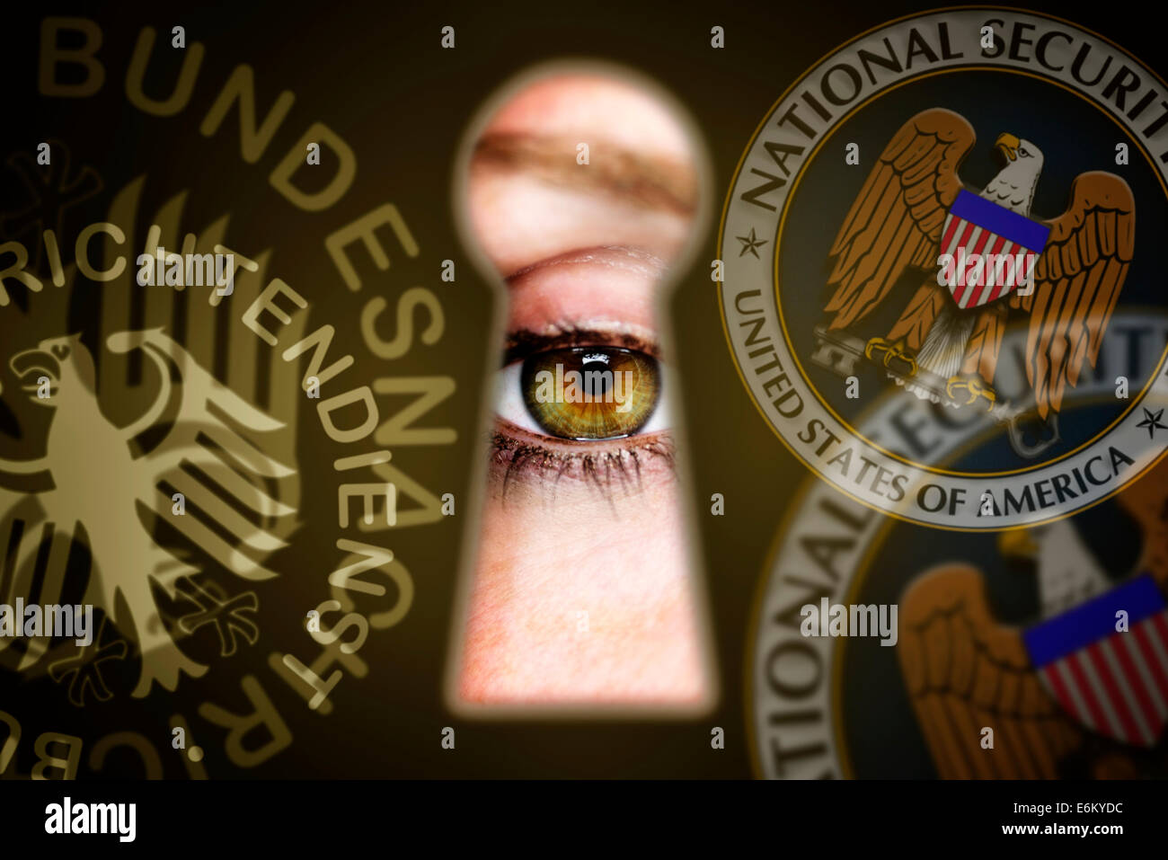 Auge blickt durch ein Schlüsselloch und Symbole von BND und NSA, Spionageaffäre Stock Photo