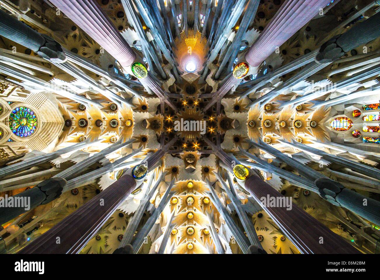 A view of the roof from inside the Sagrada Familia in Barcelona, Spain