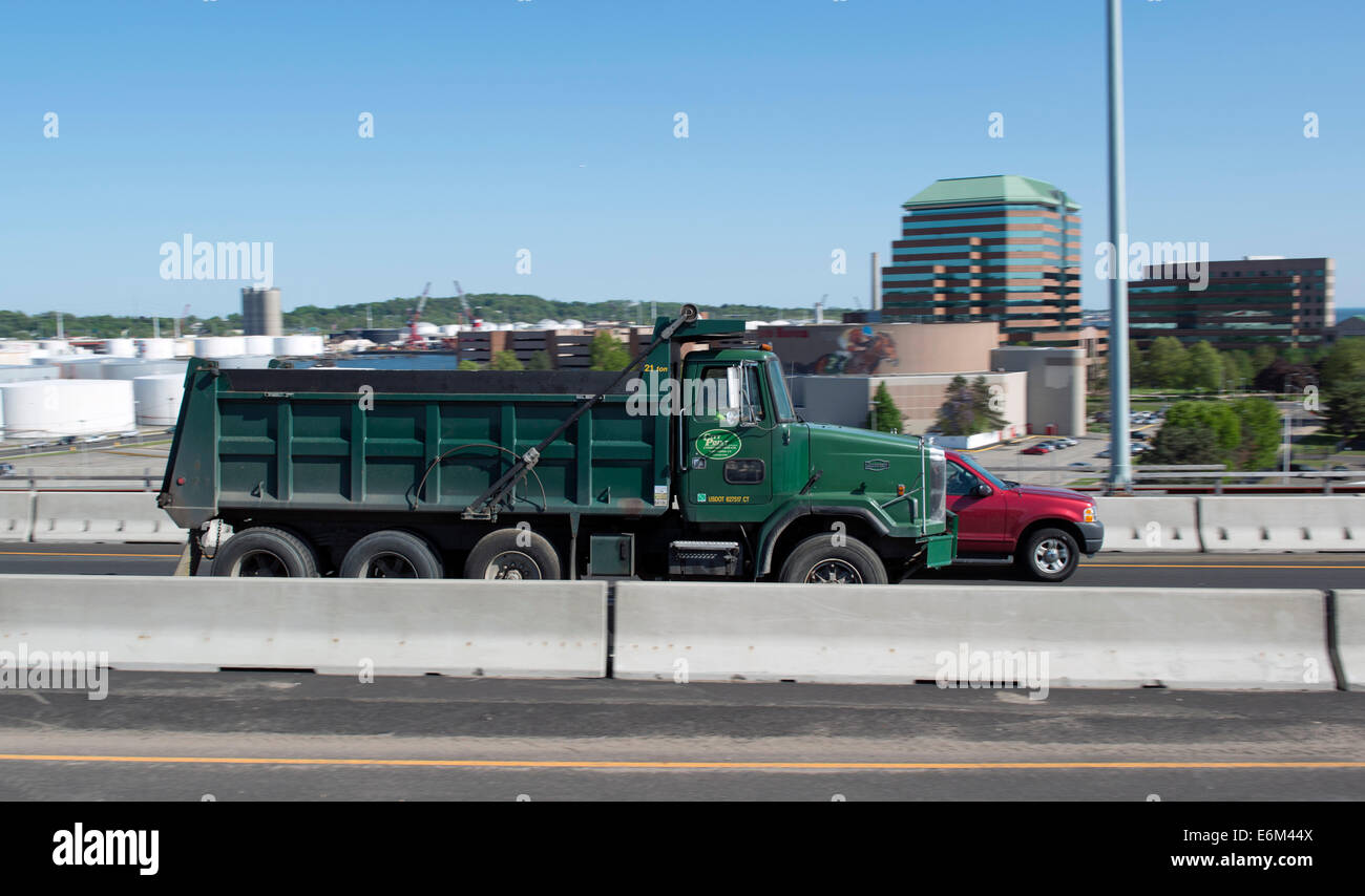 Dump truck on I-95 South in New Haven, CT. Stock Photo
