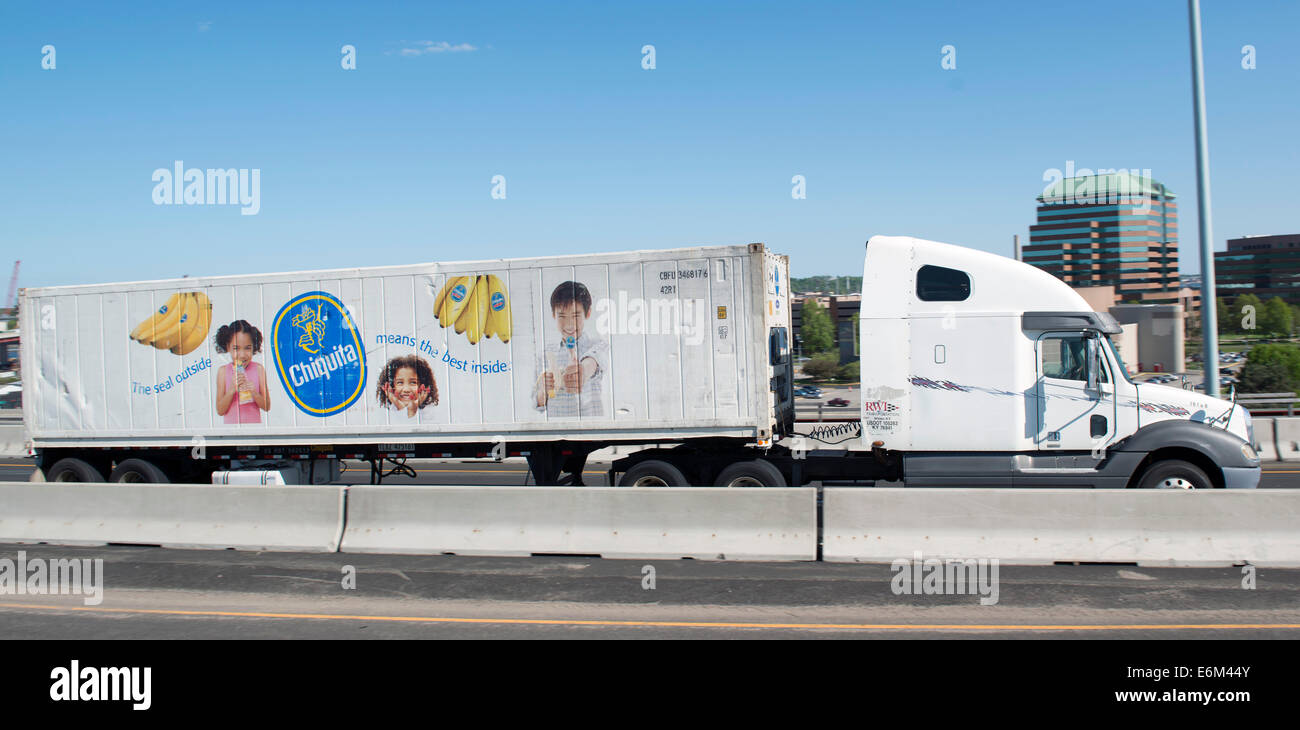 Chiguita Brand 18 wheeler tractor trailer truck on I-95 South in New Haven, CT. Stock Photo