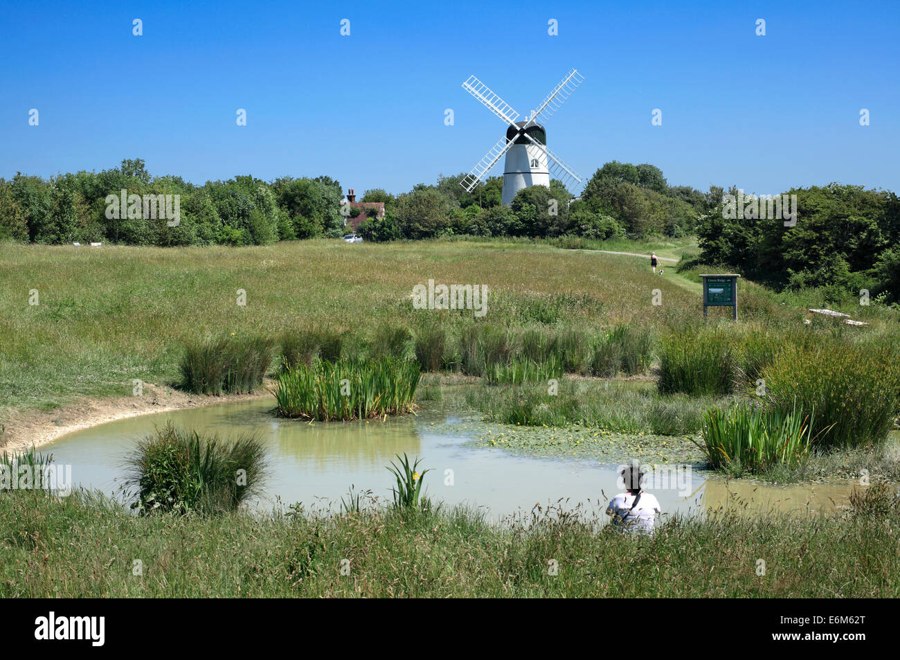 Green Ridge dew pond and Patcham Mill, part of the South Downs National Park near Westdene, Brighton. Stock Photo