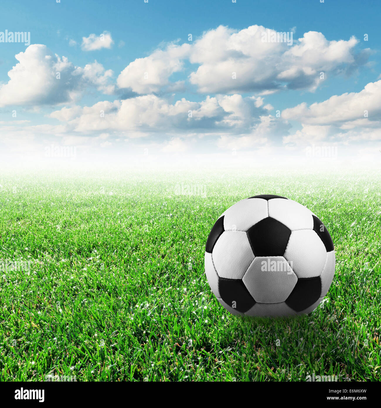 soccer ball on the green grass with the bright sky Stock Photo