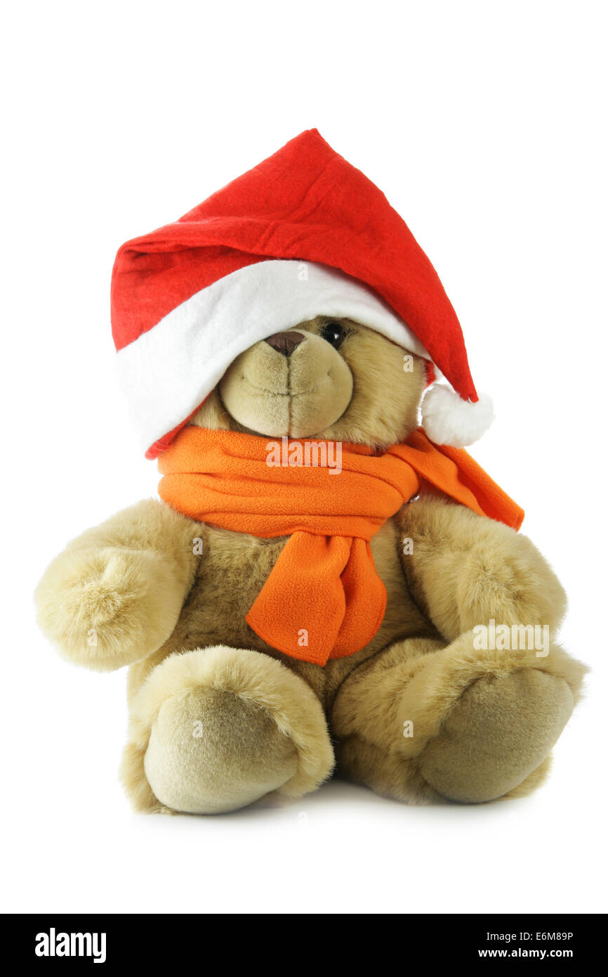 Teddy bear with Santa hat isolated over a white background Stock Photo ...