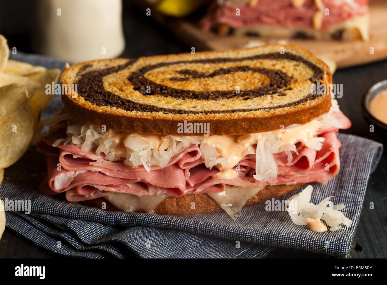 Homemade Reuben Sandwich with Corned Beef and Sauerkraut Stock Photo