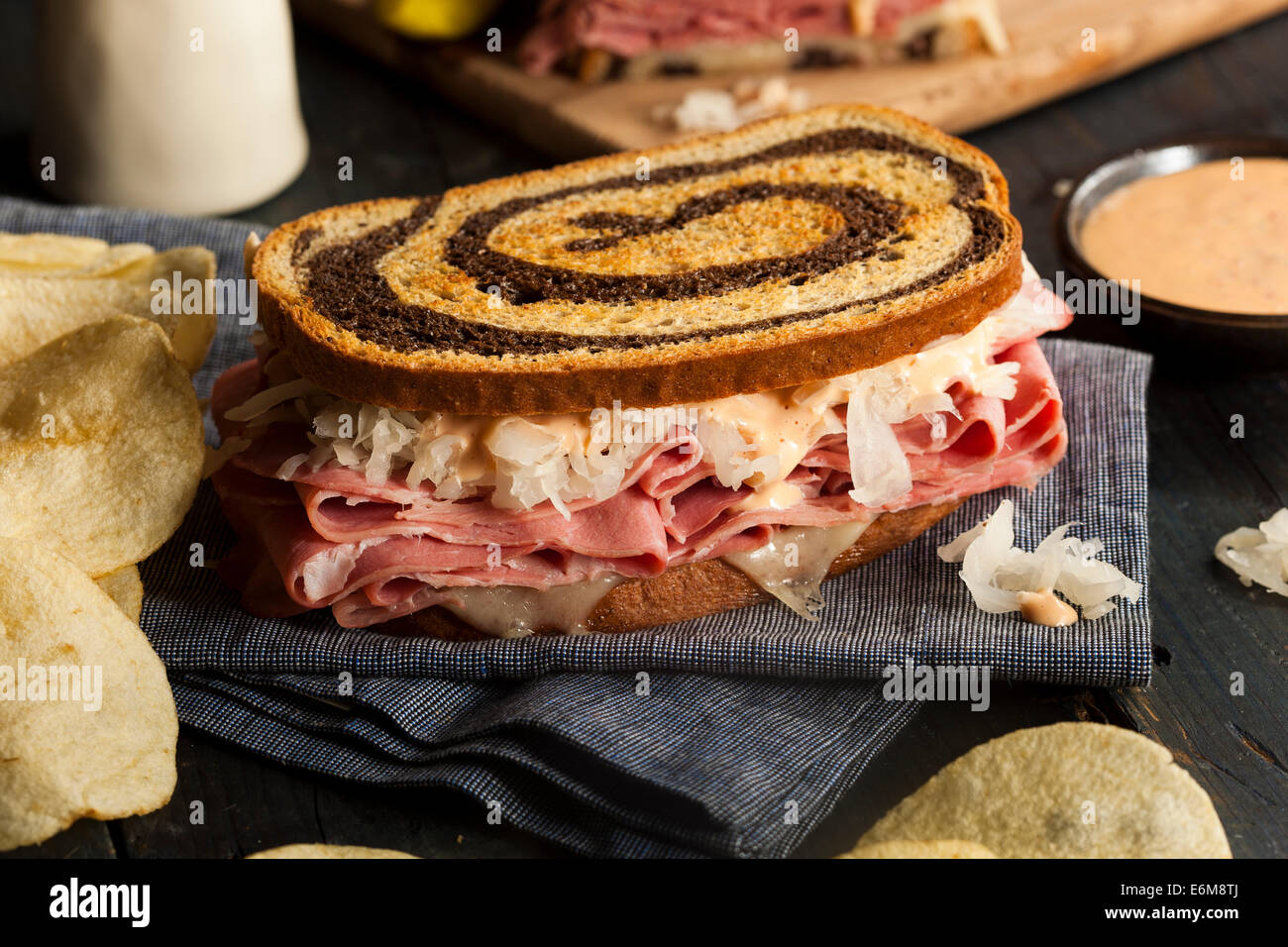 Homemade Reuben Sandwich with Corned Beef and Sauerkraut Stock Photo