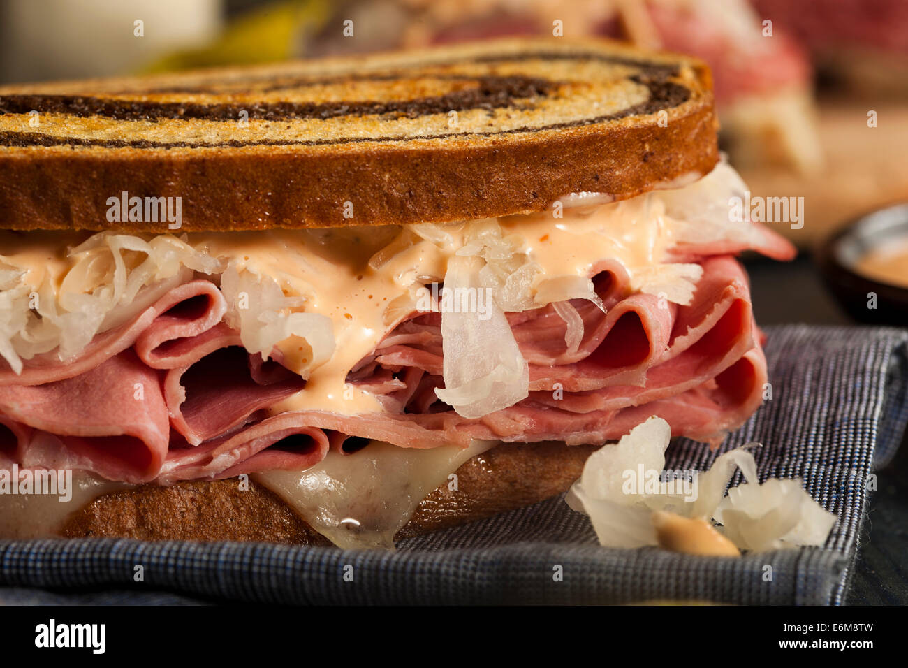 Homemade Reuben Sandwich with Corned Beef and Sauerkraut Stock Photo