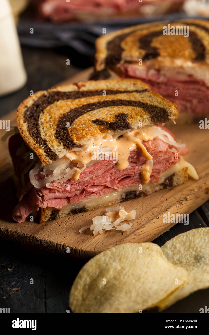Homemade Reuben Sandwich with Corned Beef and Sauerkraut Stock Photo