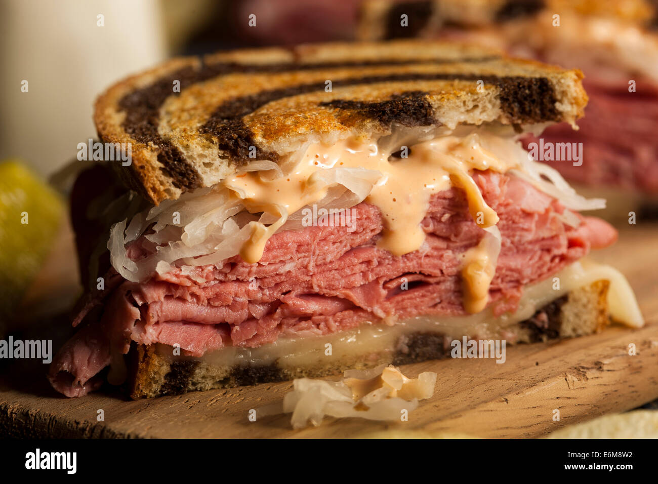 Homemade Reuben Sandwich with Corned Beef and Sauerkraut Stock Photo