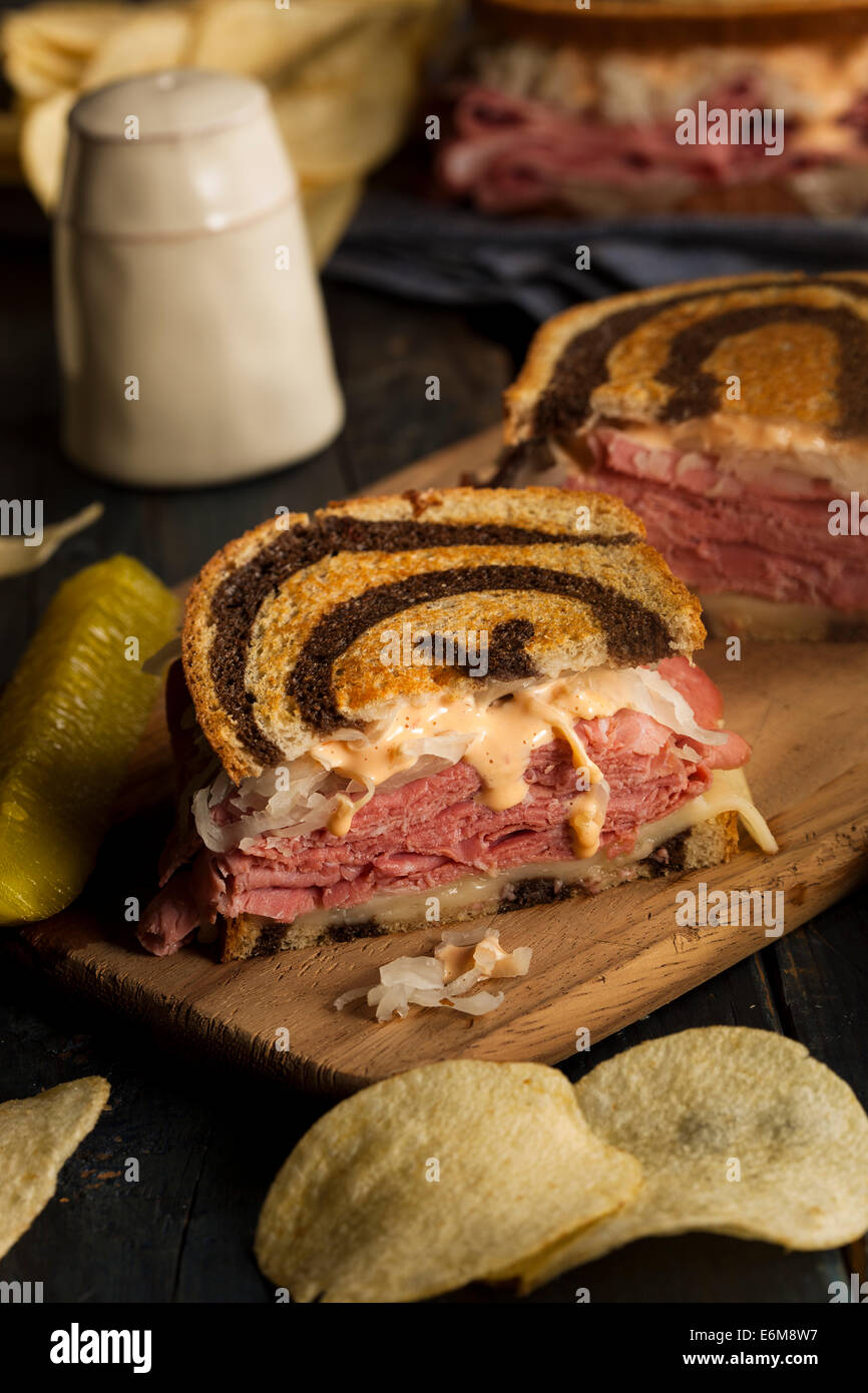 Homemade Reuben Sandwich with Corned Beef and Sauerkraut Stock Photo