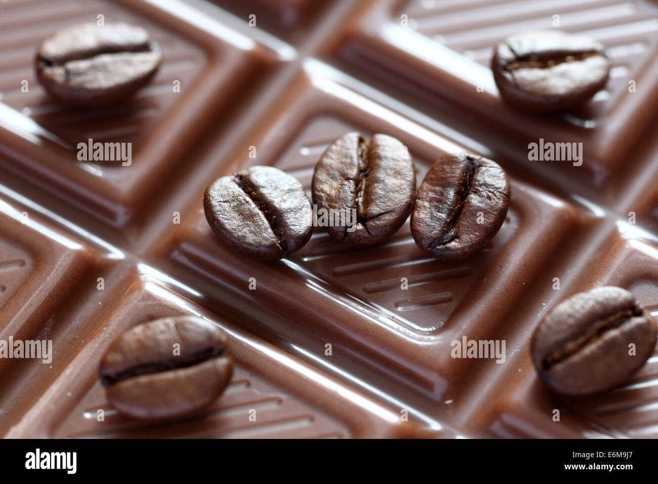 Milk chocolate and coffee beans closeup. Stock Photo