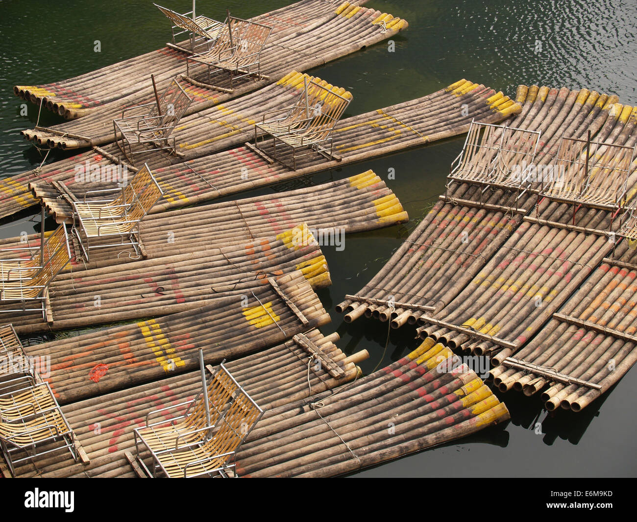Bamboo rafts await tourists in Guilling, China Stock Photo - Alamy