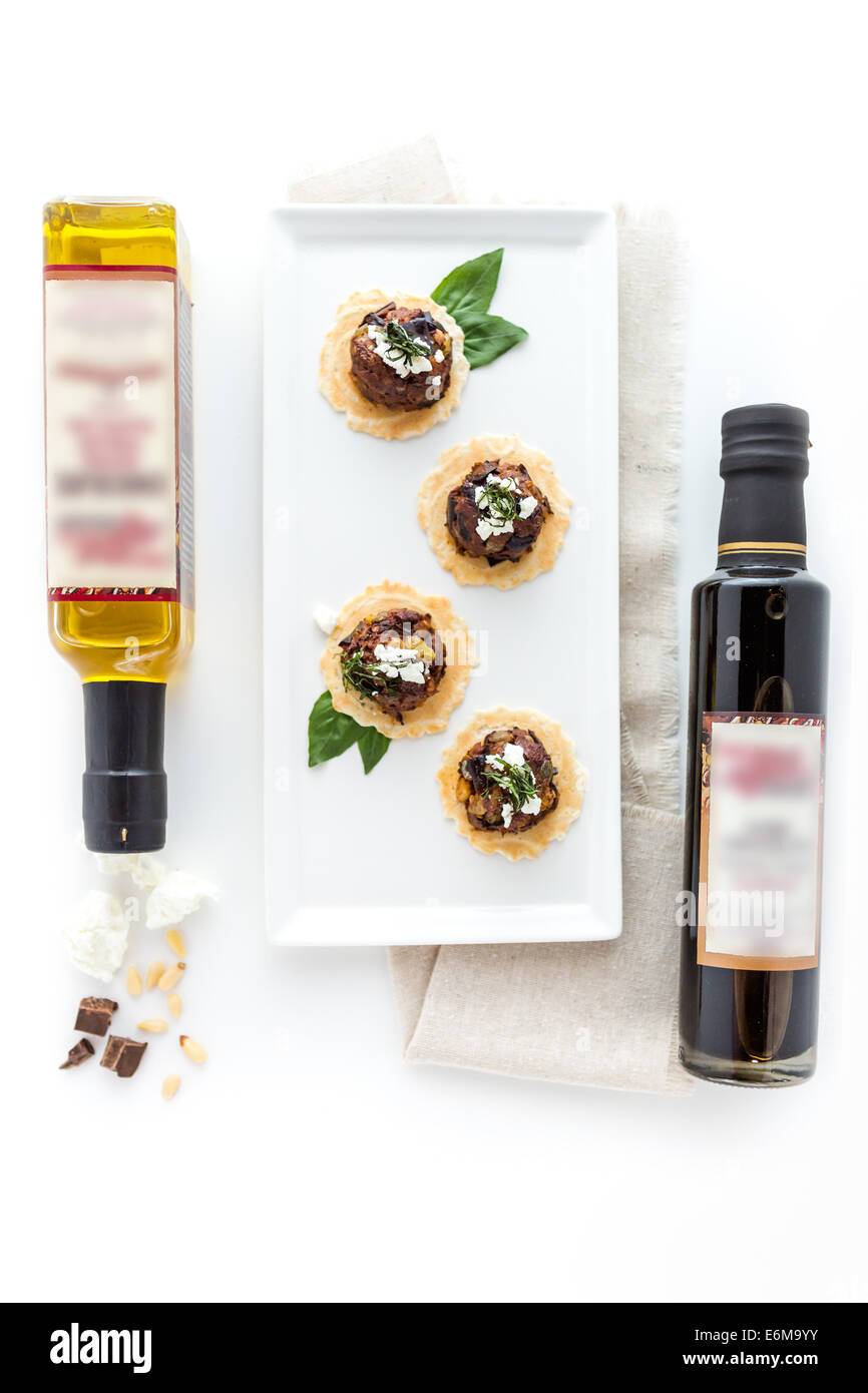 Micro Bruschetta of Chocolate Eggplant Caponata with Chocolate Balsamic