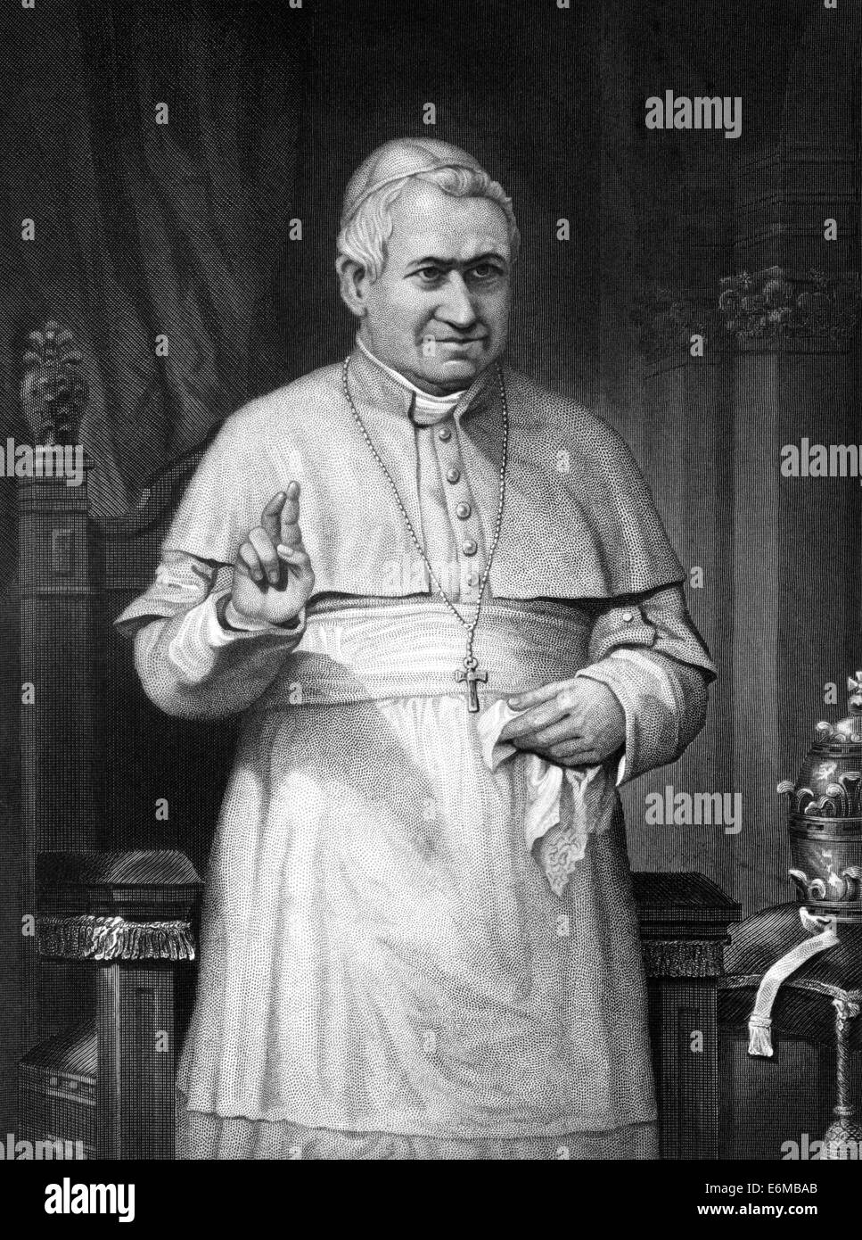 Pope Pius IX (1792-1878) on engraving from 1873. Born Giovanni Maria Mastai-Ferretti, was the longest reigning elected Pope in C Stock Photo