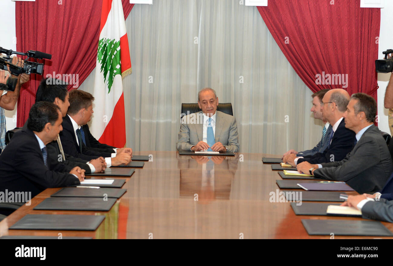 Beirut. 26th Aug, 2014. Lebanon's Parliament Speaker Nabih Berri (C) meets with diplomats of the five permanent powers at UN Security Council as well as the UN's Special Coordinator for Lebanon in Beirut, Lebanon, Aug 26, 2014, Lebanon called on the international community on Tuesday to quickly back its military and security forces in their campaign against 'terrorist groups', warning that violence from Syria could easily spill over into its borders. Credit:  Ibrahim/Xinhua/Alamy Live News Stock Photo