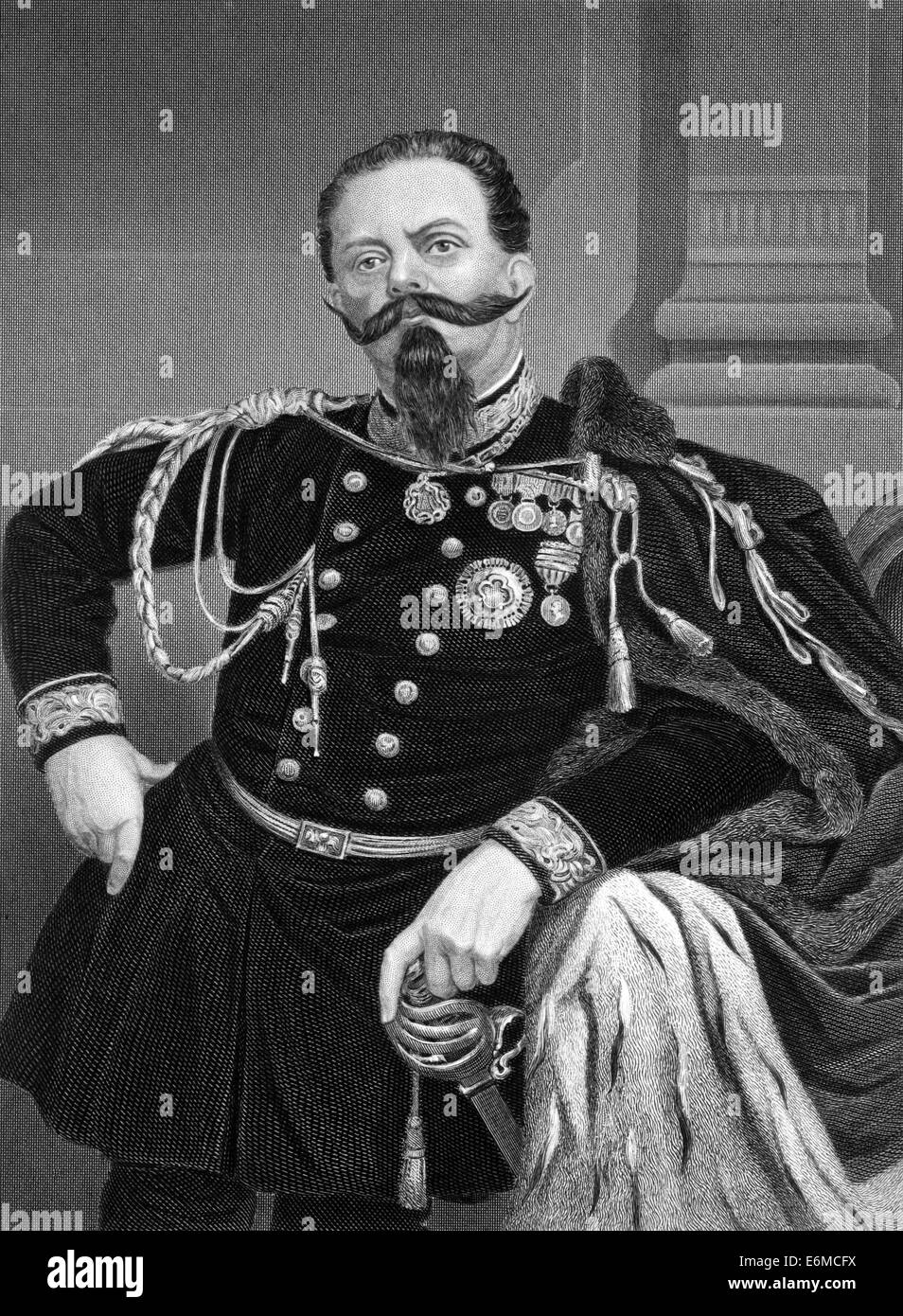 Victor Emmanuel II of Italy (1820-1878) on engraving from 1873. First king of a united Italy since the 6th century. Stock Photo