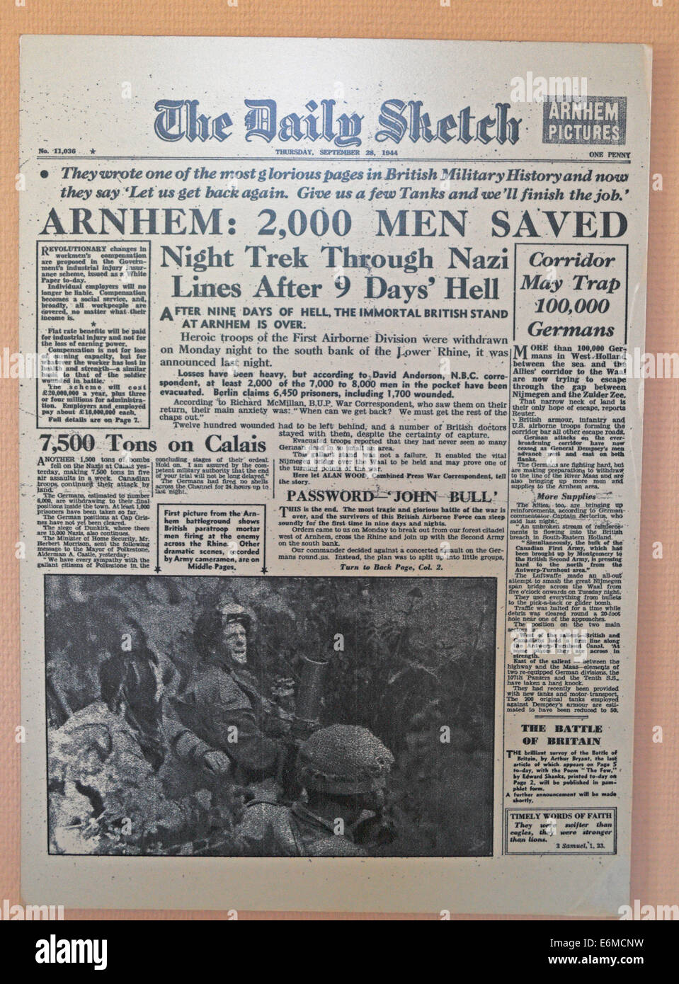 Front page of The Daily Sketch following Operation Berlin in the Airborne Museum, Hartenstein hotel, Oosterbeek, Netherlands. Stock Photo