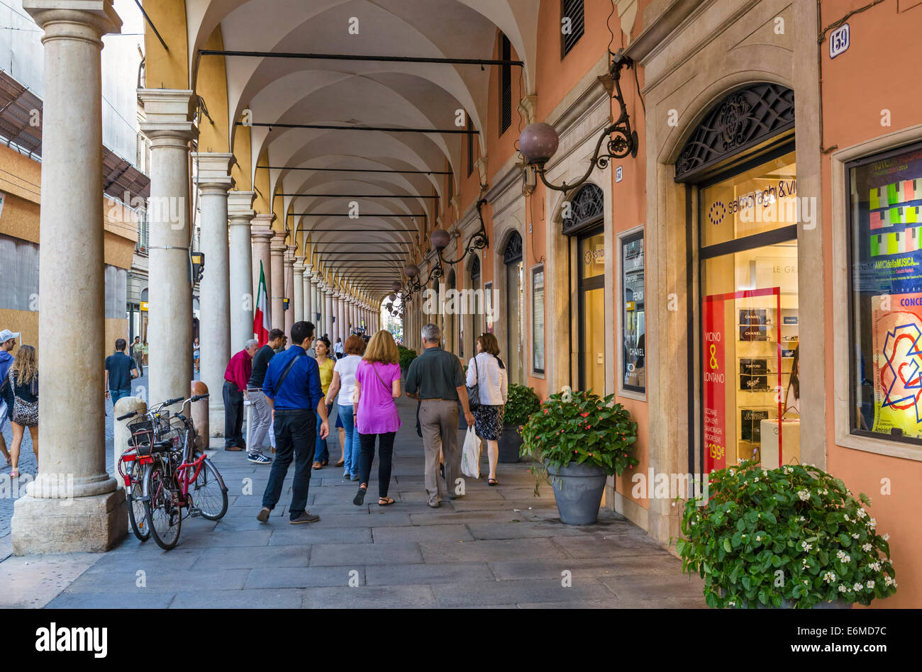 Shops in a portico along Via Emilia in the historic old town, Modena