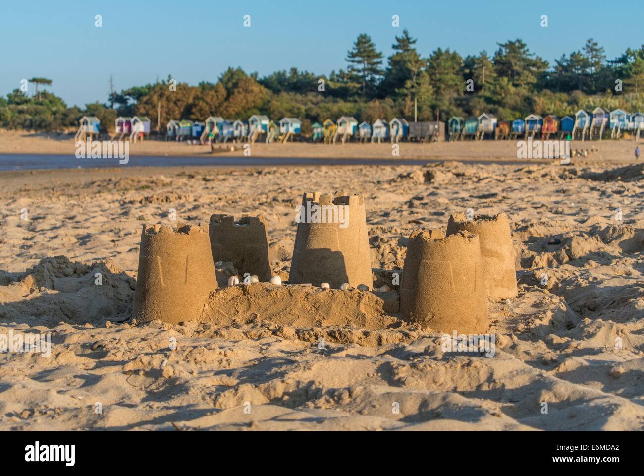 Sand castle on beach, Wells-next-the-sea, England Stock Photo