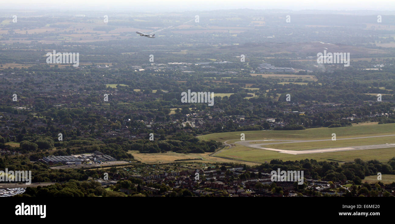 aerial view of an Air France passenger jet taking off from Birmingham International Airport, UK Stock Photo