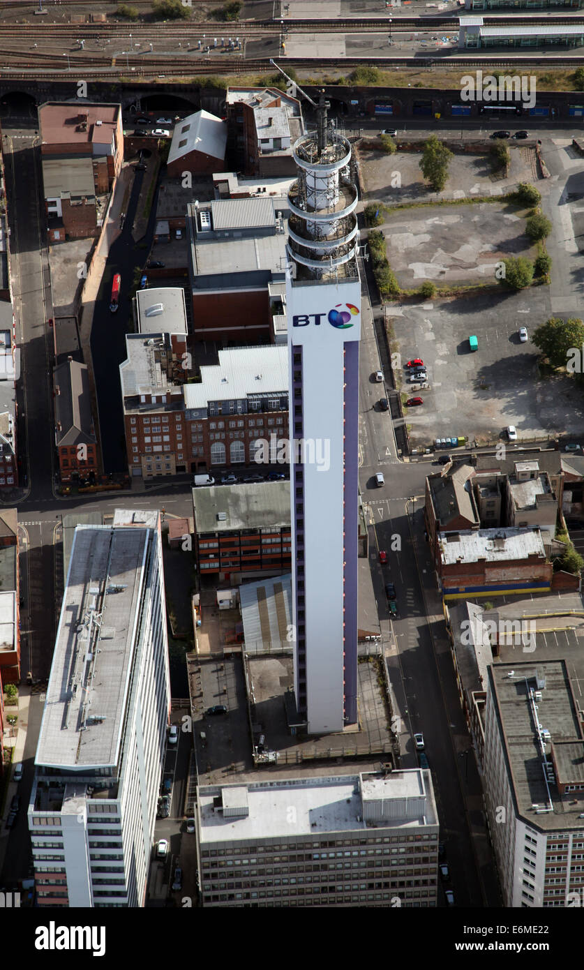 aerial view of the BT Tower in Birmingham city centre, UK Stock Photo