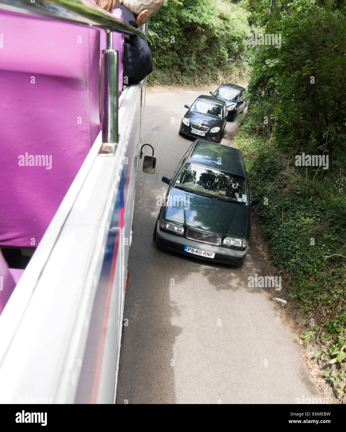 Narrow Cornish lanes as seen from the open top bus service between Penzance and Lands end Stock Photo