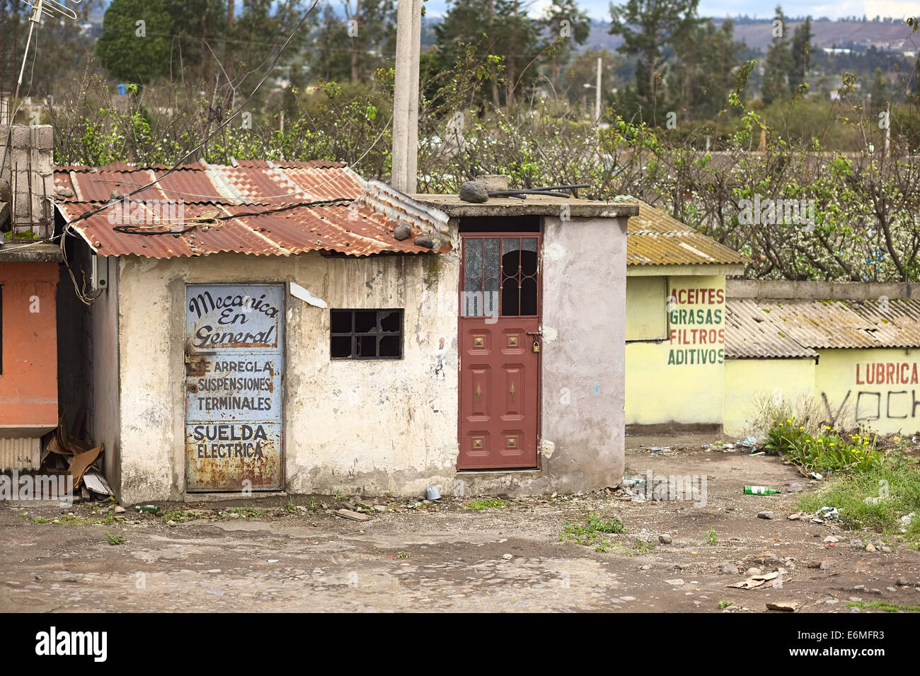 TUNGURAHUA PROVINCE, ECUADOR - MAY 12, 2014: Old abandoned mechanic hut along the road between Ambato and Banos Stock Photo