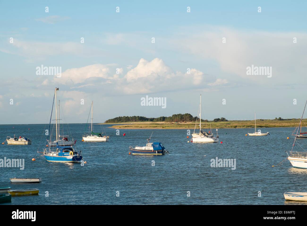 View of the main channel at high tide with the east hills in the distance. Stock Photo