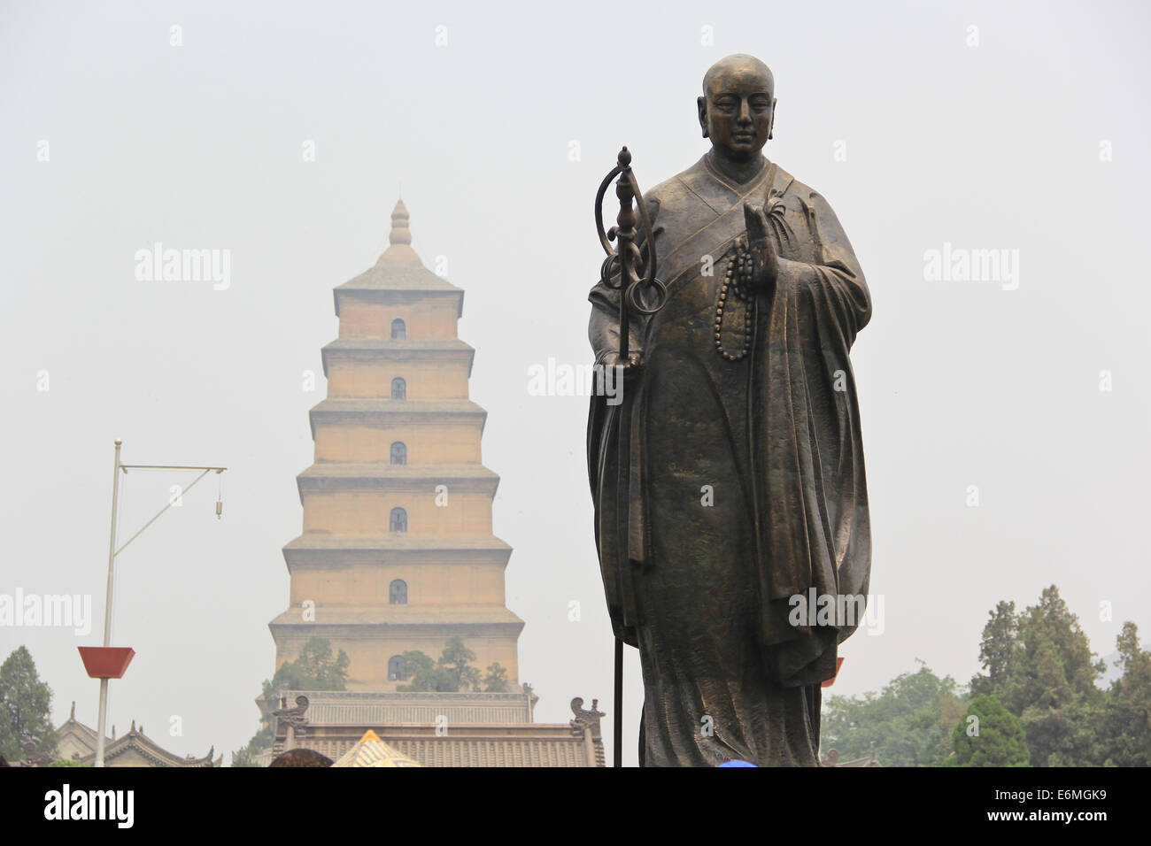 Statue of Xuanzang near the Giant Wild Goose Pagoda in Xian, China. Stock Photo