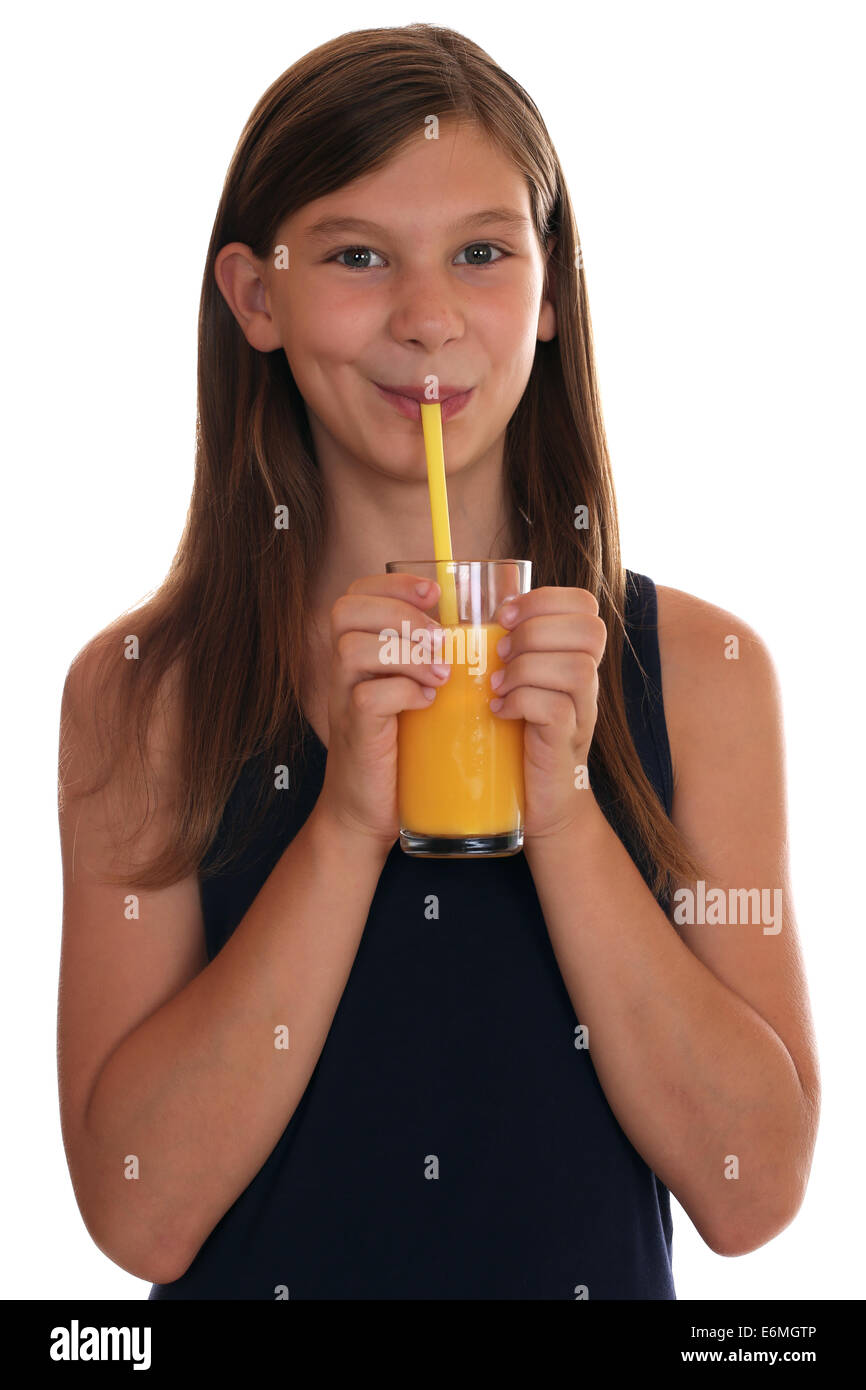 Healthy eating girl drinking orange juice, isolated on a white