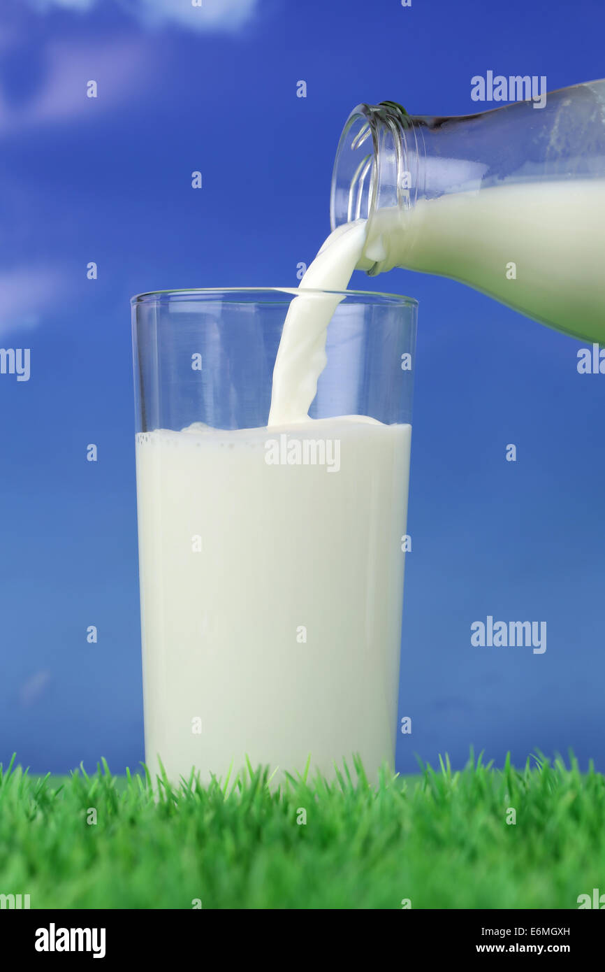 Fresh milk pouring from a bottle into a glass on a meadow Stock Photo