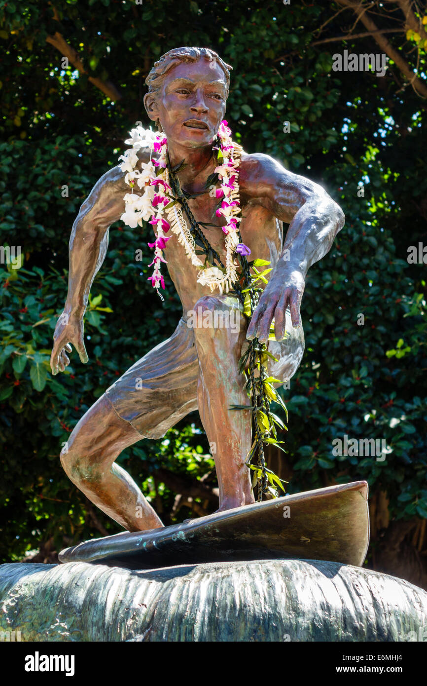 Honolulu Waikiki Beach Hawaii,Hawaiian,Oahu,Sans Souci State Recreational Park,statue,bronze,Surfer on a Wave,sculptor Robert Pashby,public art,lei,US Stock Photo