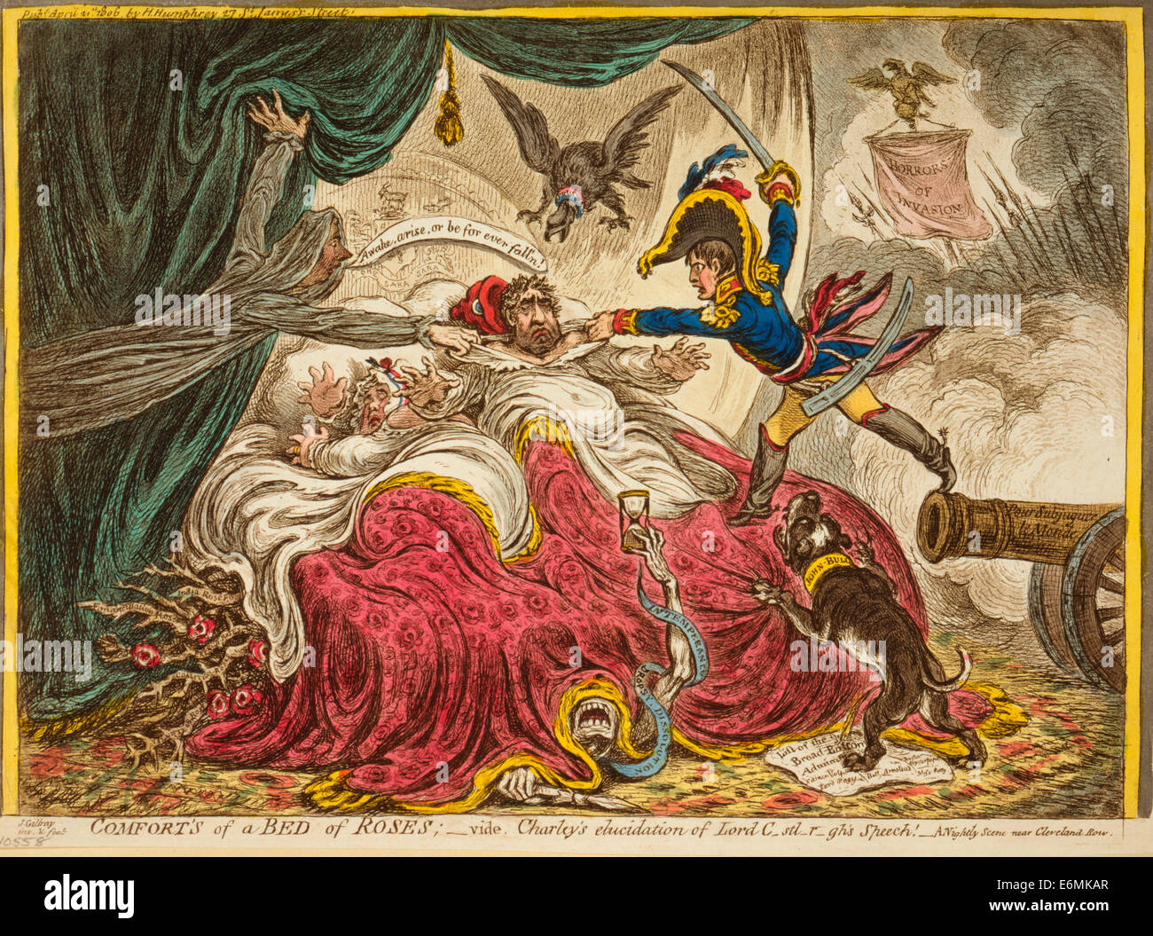 Comfort of a bed or Roses - Charles Fox, in bed with his wife, having a nightmare. To the right, Napoleon jumps to the bed from a cannon with the words 'Pour subjugeur le Monde' inscribed on the muzzle; behind him are seen pikes and a banner with the words 'Horrors of Invasion.' William Pitt, as a shade, floats near the bed, admonishing Fox to awake. An eagle with the collar labeled 'Prussia' looms over Fox's head. From under the bed grow thorny rose branches and Death crawls out from under the covers. A bulldog with its collar inscribed 'John Bull' lunges at Napoleon. Political Cartoon 1806 Stock Photo
