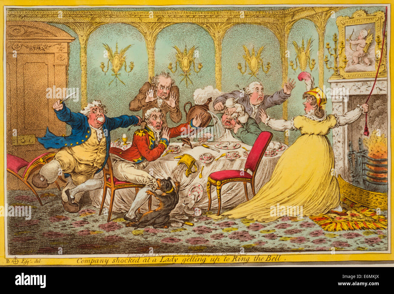 Company shocked at a lady getting up to ring the bell -  A violent disturbance in a breakfast parlor. A woman stands to ring the bell-pull while the five men at the table react in horror, stumbling and knocking over items on the table as they attempt to stop her. The men are probably suitors of the woman. Cartoon, circa 1805 Stock Photo