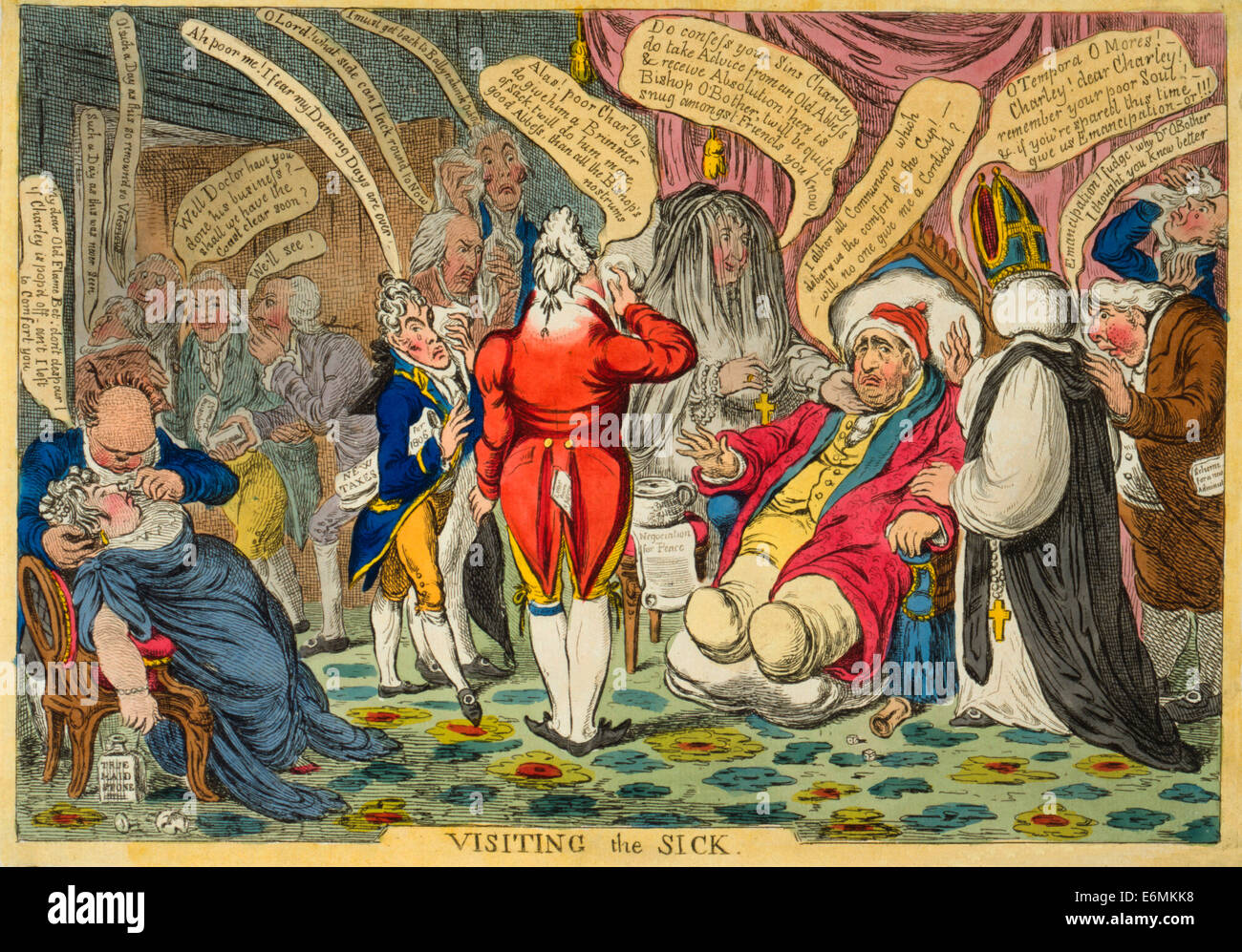 Charles Fox sitting in an armchair, obviously ill. On one side of him is Mrs. Fitzherbert, dressed as an abbess and holding a rosary; on the other side is a bishop in robes and mitre. In front of Fox, the Prince of Wales holds his handkerchief to his face. Sheridan, standing behind the bishop, admonishes the bishop to understand that Catholic emancipation is not possible. Howick, Petty, Windham and Moira are all distressed; Grenville and Sidmouth are leaving the room hoping Fox will expire. Mrs. Fox faints in a chair and is attended by Lord Derby. Political cartoon, 1806 Stock Photo