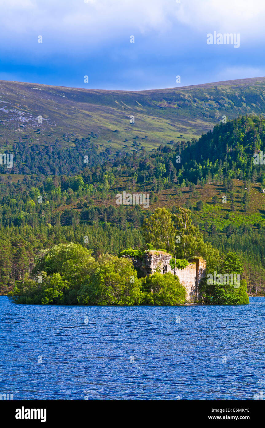 The ruined castle on an island in Loch an Eilein, illuminated by evening sunshine, Rothiemurchus, Cairngorms, Highlands Scotland Stock Photo