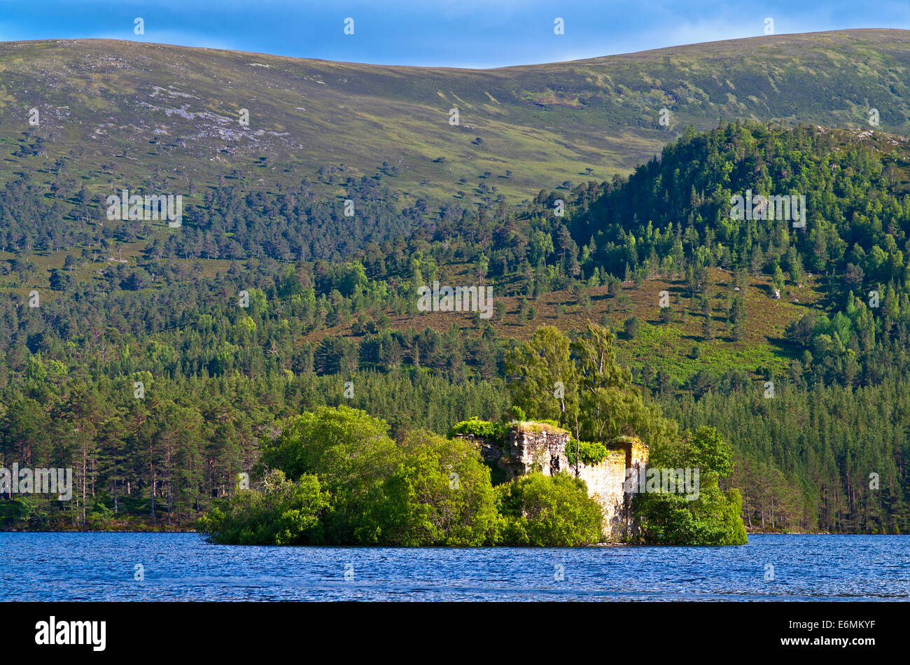 The ruined castle on an island in Loch an Eilein, illuminated by evening sunshine, Rothiemurchus, Cairngorms, Highlands Scotland Stock Photo